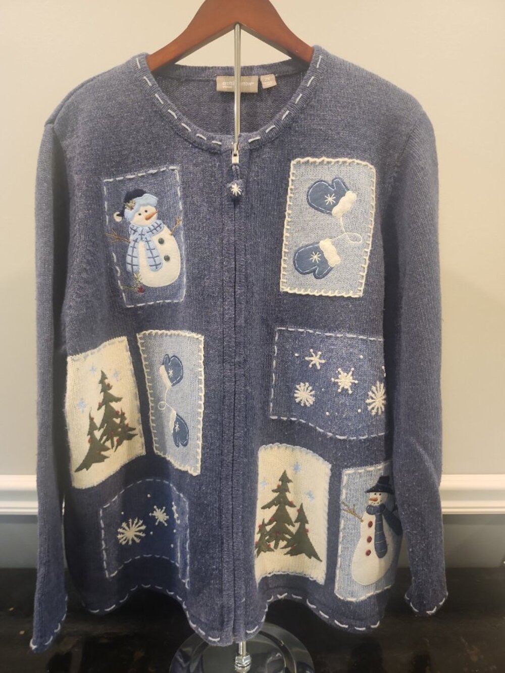 Vtg~Croft & Barrow~Winter~Snowman~Christmas~Cardigan Sweater~Blue~Full Zip~2X